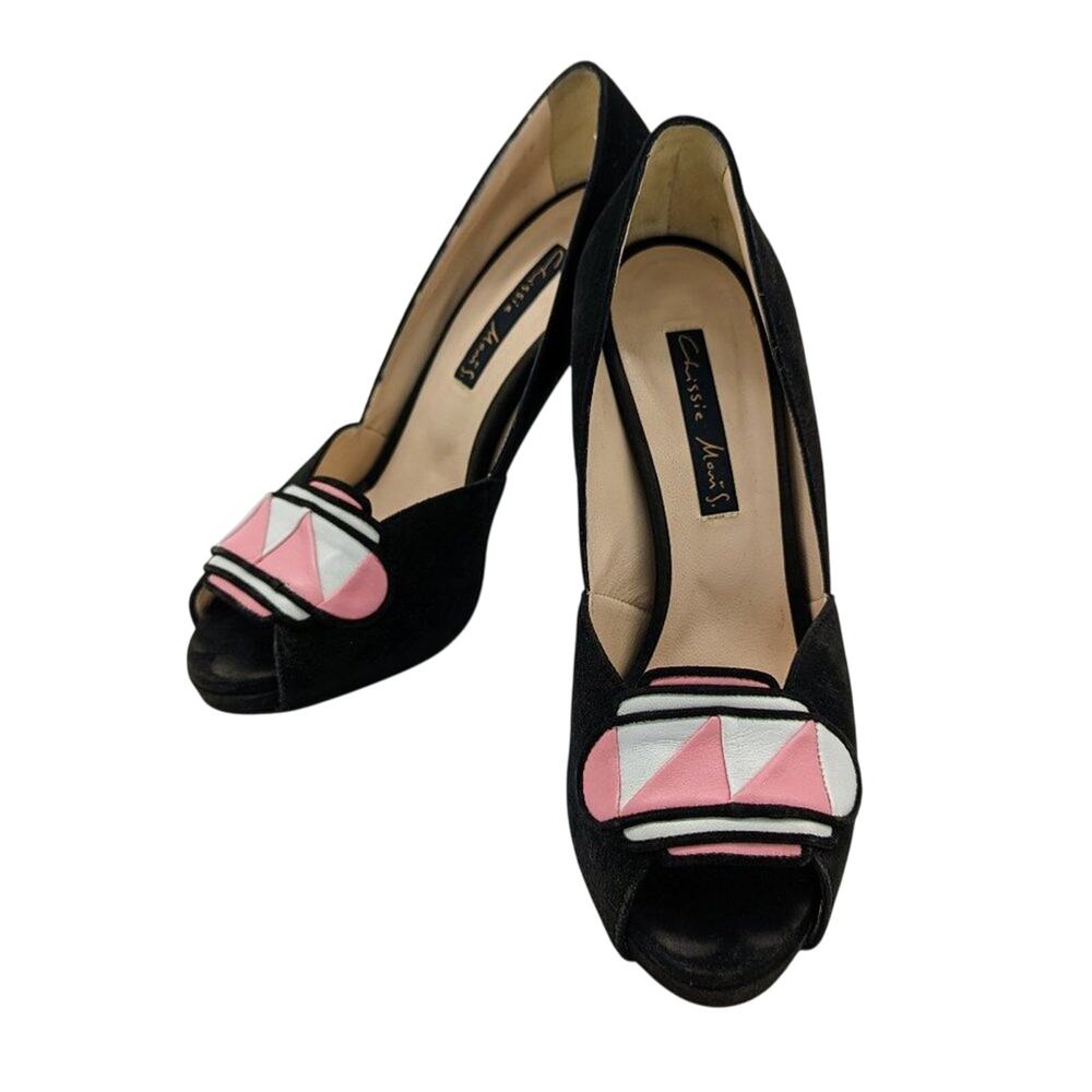 Chrissie Morris Black Suede Peep Toe Heels Pink Geometric Toe Pattern Size 40